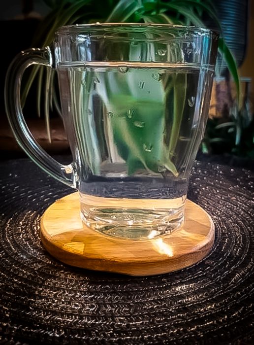Glazen mok met helder water op een ronde houten onderzetter, geplaatst op een donker geweven oppervlak met groene kamerplanten op de achtergrond.