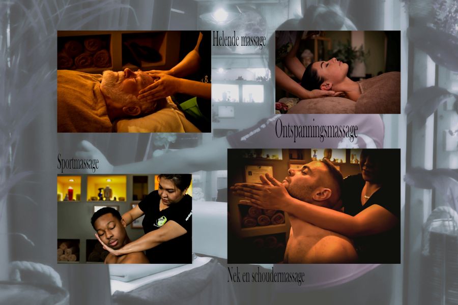Collage van verschillende massages: ontspanningsmassage, sportmassage, helende massage en nek- en schoudermassage in een sfeervolle wellnesspraktijk.